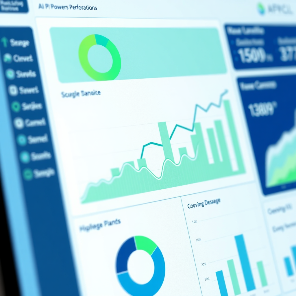 A photorealistic image of a dashboard displaying key performance indicators (KPIs) related to AI-powered solutions. The dashboard is clean, modern, and easy to understand. Charts and graphs showcase positive trends and measurable improvements in business performance. The color palette is predominantly green and blue, symbolizing growth and progress. Camera angle: close-up shot of the dashboard, highlighting the key metrics. Style: professional, data-driven, and visually appealing.