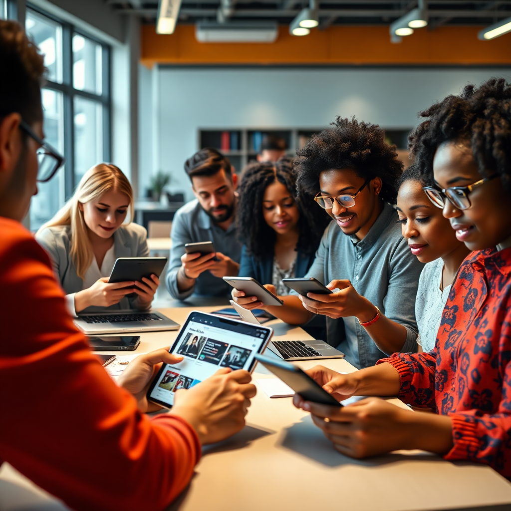 A photorealistic image of a diverse group of people engaging with content on various devices (laptops, tablets, smartphones). The content is personalized and relevant to each user's interests, highlighting the power of AI-driven content distribution. The scene is brightly lit and features a modern, collaborative workspace. The color palette is vibrant and engaging, reflecting the diversity of the content being consumed. Camera angle: eye-level shot capturing the interactions and the overall sense of engagement. Style: modern, realistic, and inclusive.