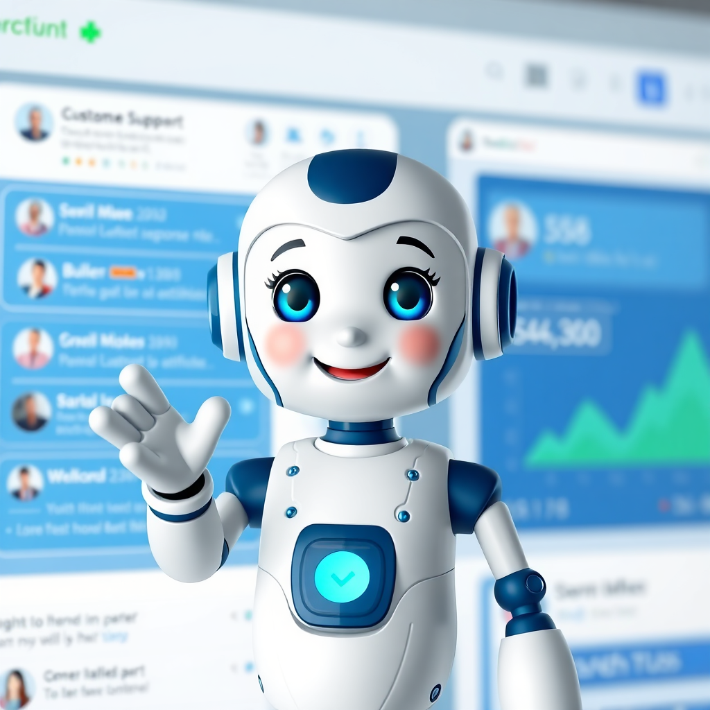 A photorealistic image of a friendly, approachable chatbot avatar seamlessly integrated into a website interface. The avatar is subtly animated, displaying a welcoming gesture. Background elements include customer support chat windows and data visualizations showing increased response rates and customer satisfaction. The color palette is predominantly blue and white, with accents of green to symbolize efficiency. Camera angle: close-up of the avatar, with a soft focus on the background elements. Style: modern, clean, and professional.