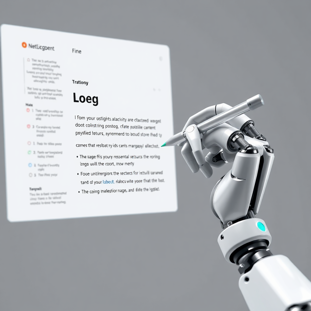 A photorealistic image of a robot arm holding a pen and writing on a digital canvas. The canvas displays a compelling piece of content, such as a blog post or social media update. The robot arm is sleek and modern, with AI-themed design elements. The color palette is predominantly white and gray, with accents of blue and green to symbolize intelligence and creativity. Camera angle: close-up shot of the robot arm and the digital canvas. Style: tech-focused, artistic, and innovative.