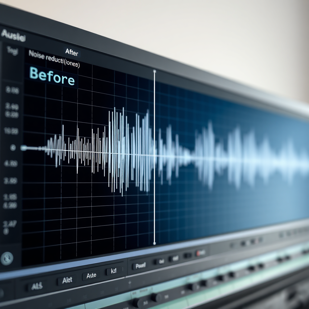 A photorealistic image of audio waveforms being visually enhanced with tools and filters. Focus on before-and-after comparison, highlighting noise reduction and clarity improvement. The background should be a professional audio editing interface. Lighting should be precise and focused, emphasizing the waveform details. Style reference: Modern audio editing software interfaces. Technical Specs: 4K resolution, photorealistic rendering.