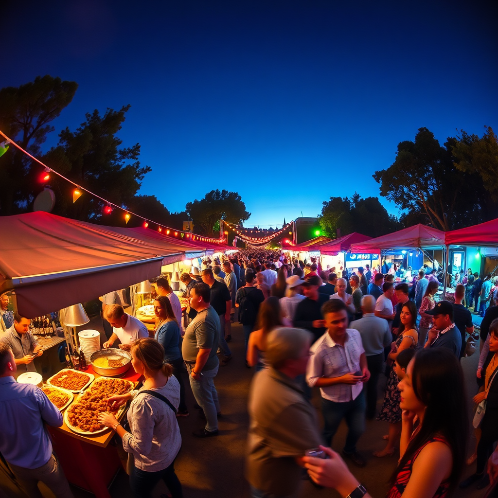 A photorealistic panoramic image of an Argentine wine festival at night. The scene is filled with people enjoying themselves, with colorful lights illuminating the event. Food stalls offer local delicacies, and musicians play traditional Argentine music. The air is filled with the aroma of wine and the sounds of laughter. The image captures the vibrant and festive atmosphere of Argentine wine culture. Long exposure to capture the movement and energy of the scene.