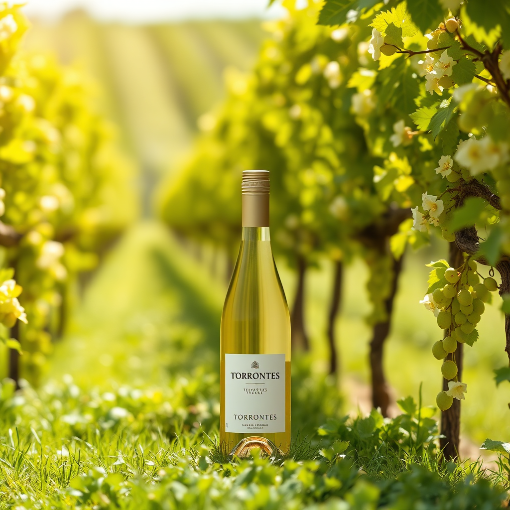 Torrontés vineyard with a bottle of wine