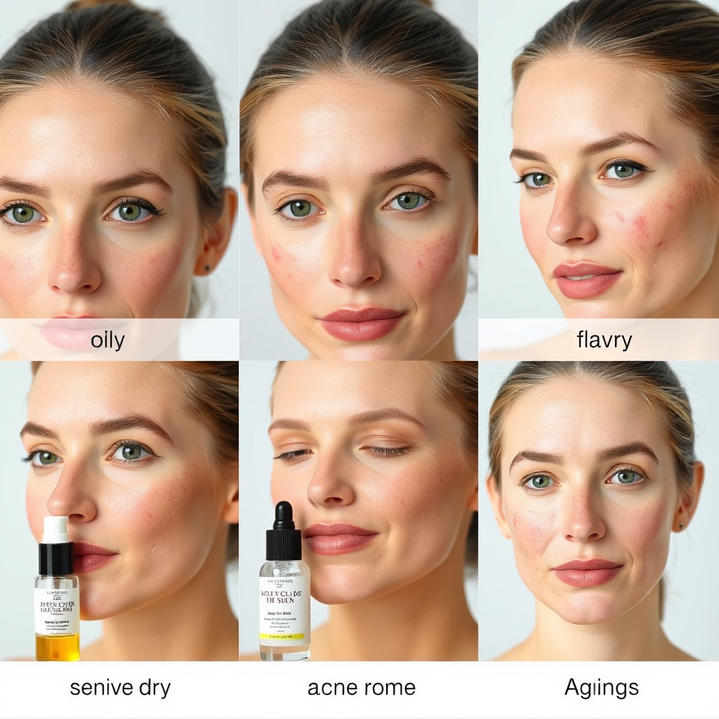 A series of close-up shots showcasing diverse skin types – oily (with visible shine), dry (with flaky patches), sensitive (with redness), acne-prone (with blemishes), and aging (with fine lines). Each skin type should be paired with specific skincare products recommended for that condition. The background should be clean and minimalist, allowing the focus to remain on the skin and the products. The overall message should be one of personalization and effective skincare solutions.