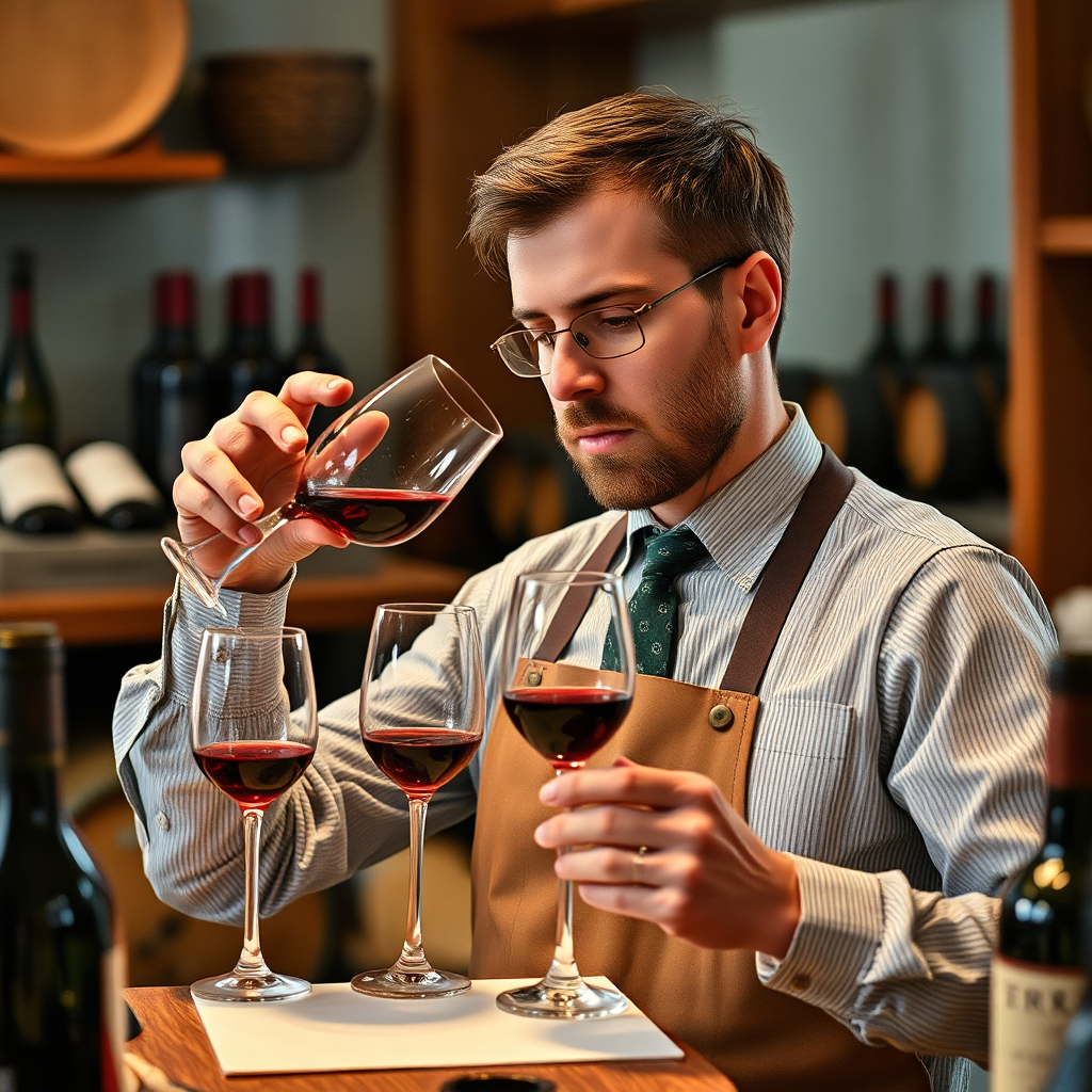 Winemaker tasting wine samples for blending