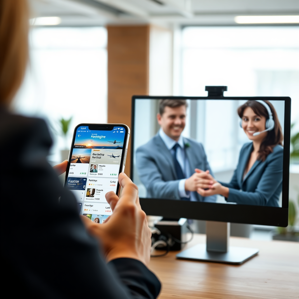 A split-screen composition. On one side, a user is interacting with a travel booking app on a smartphone. The app displays flight and hotel options with pricing details. On the other side, a friendly customer service representative is shown assisting the user via video call. The background is a modern, minimalist office space. The lighting is bright and professional, with a focus on the user and the customer service representative. Render in high resolution with clear details and vibrant colors.