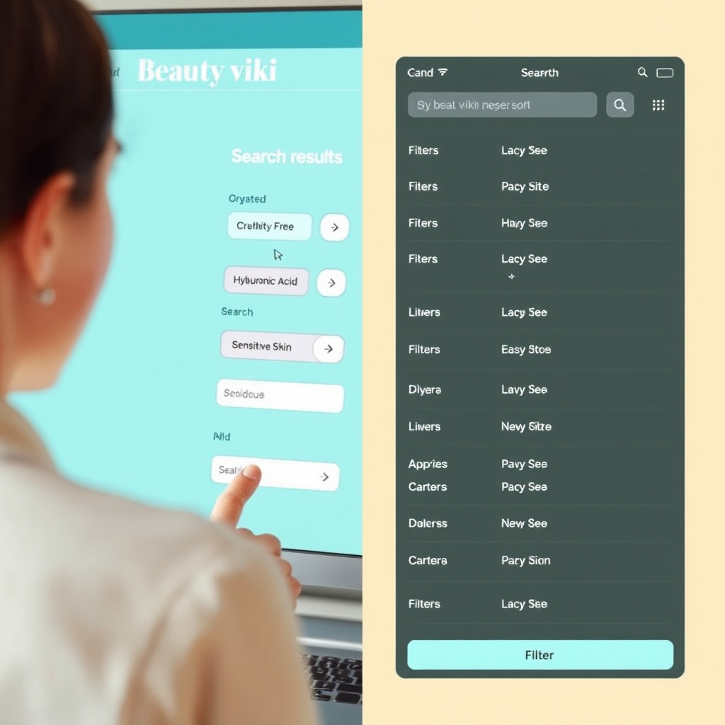 A split-screen composition. On one side, a user actively applying various search filters on the Beauty viki website (e.g., 'Cruelty-Free,' 'Hyaluronic Acid,' 'Sensitive Skin'). On the other side, a refined list of search results dynamically updating based on the selected filters. The color palette should be bright and airy, with a focus on usability and visual clarity. The filters should appear intuitive and easy to use, emphasizing the power of the search function.
