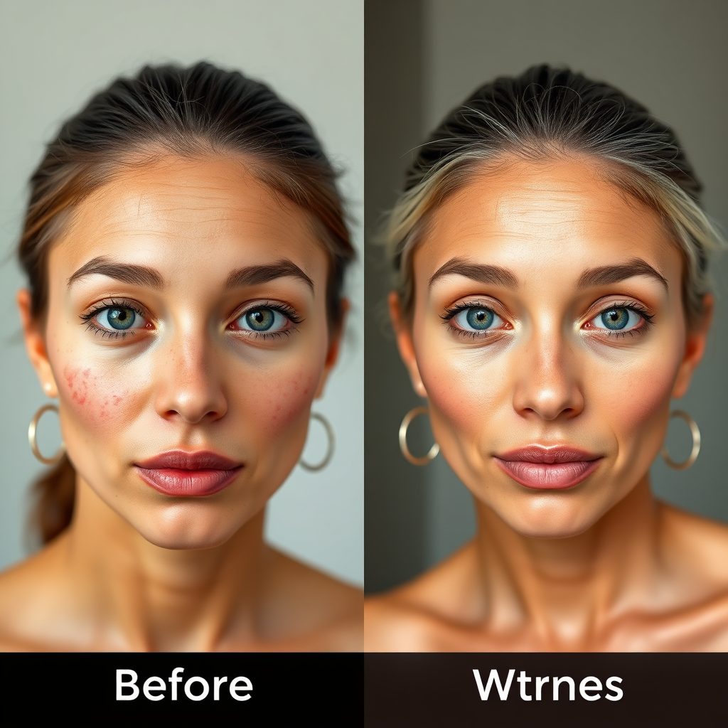 A split-screen featuring "before" and "after" images of individuals with various skin concerns (acne, dryness, redness, wrinkles). The "before" images should show the skin issues, while the "after" images should depict a noticeable improvement after following a specific skincare routine. The lighting and camera angles should be consistent across both images. The overall message should be hopeful and inspiring, demonstrating the transformative power of targeted skincare routines.