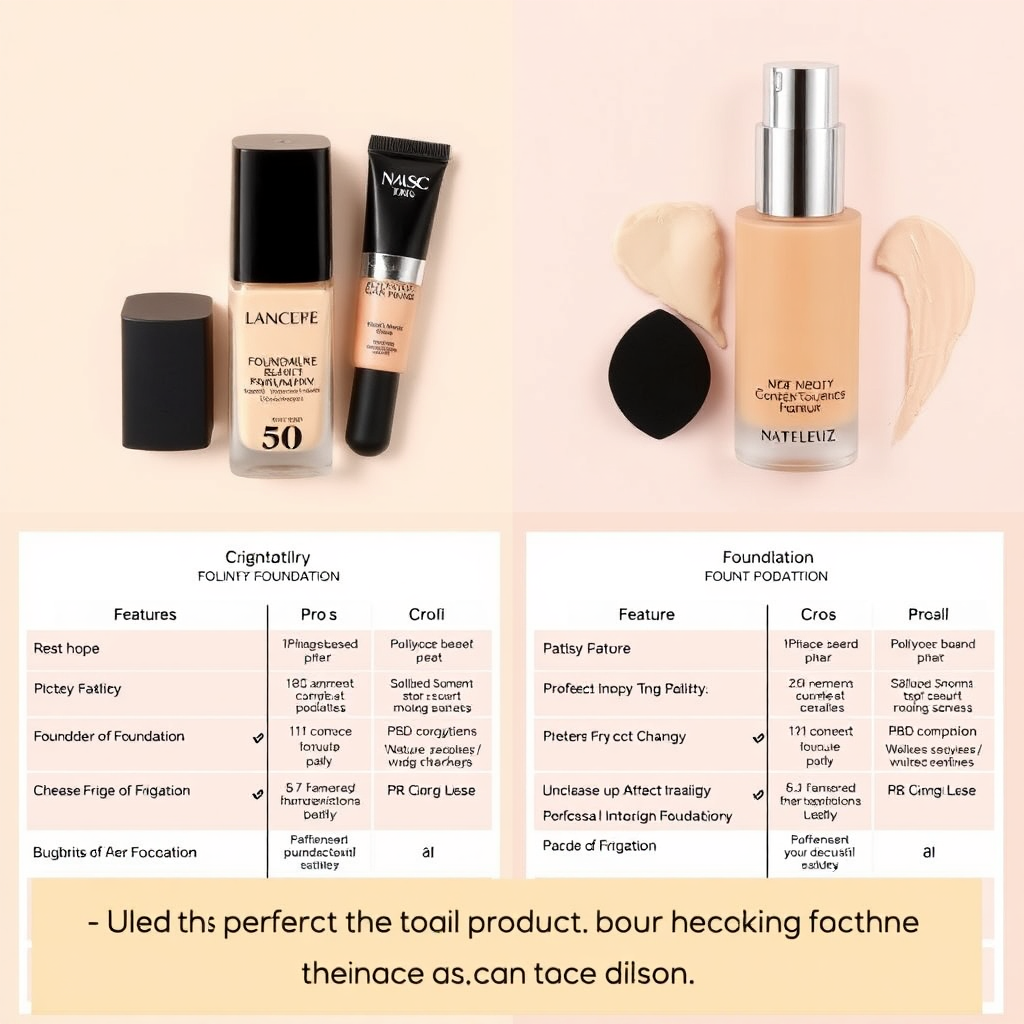 A split-screen featuring two similar beauty products (e.g., two different foundations) with a detailed comparison chart highlighting their key features, ingredients, and price points. The chart is visually clear and easy to understand, with clear indicators of pros and cons. The overall message is one of informed decision-making and finding the perfect product for your individual needs.