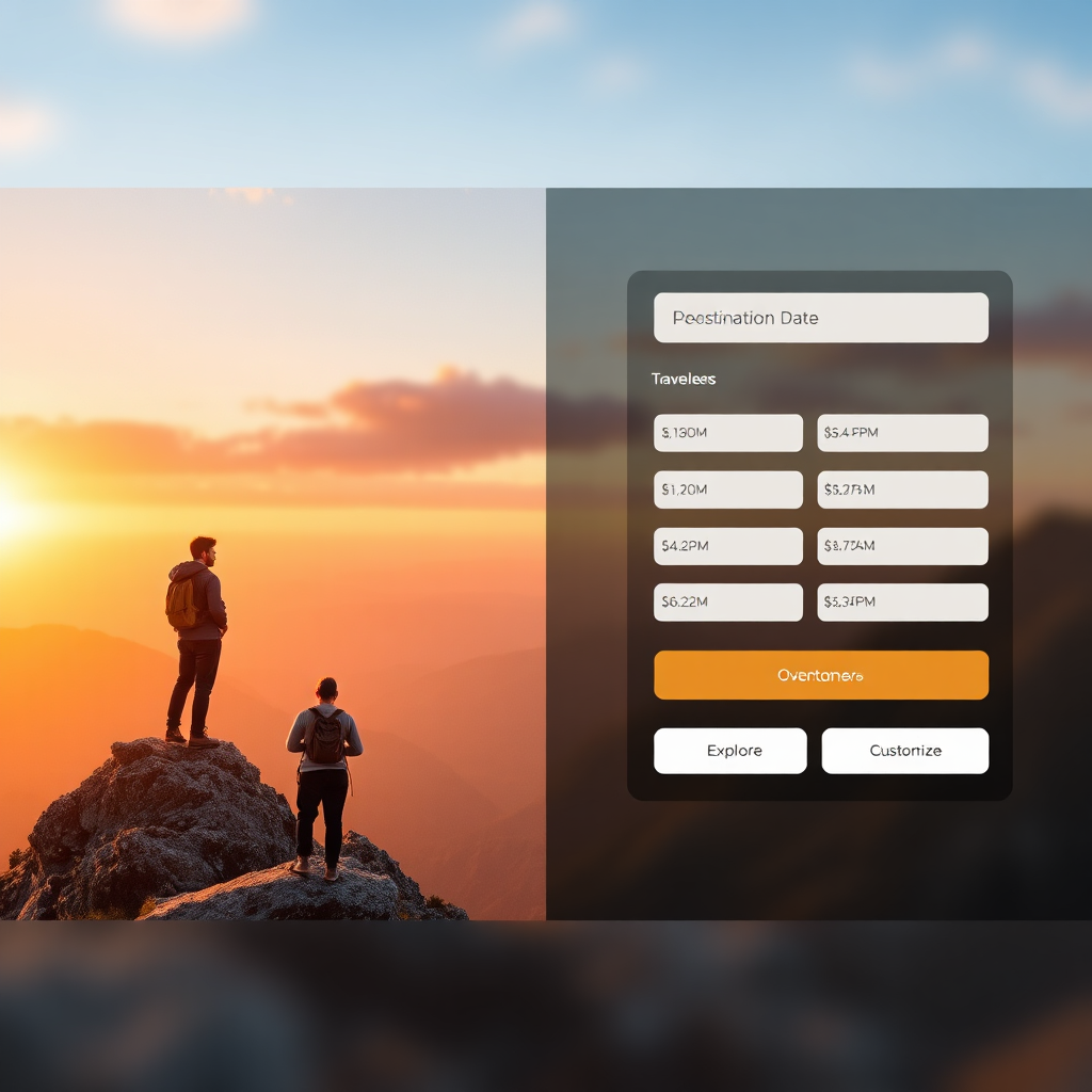 A split-screen hero image for a travel website. On the left, a stunning photograph of a couple standing on a mountain peak, overlooking a breathtaking vista. On the right, a search bar with fields for destination, dates, and travelers, along with two prominent call-to-action buttons: 'Explore' and 'Customize'. The background is a blurred image of a sunset. The lighting is warm and inviting, with a focus on the couple and the search bar. Render in high resolution with detailed textures on the landscape and UI elements.