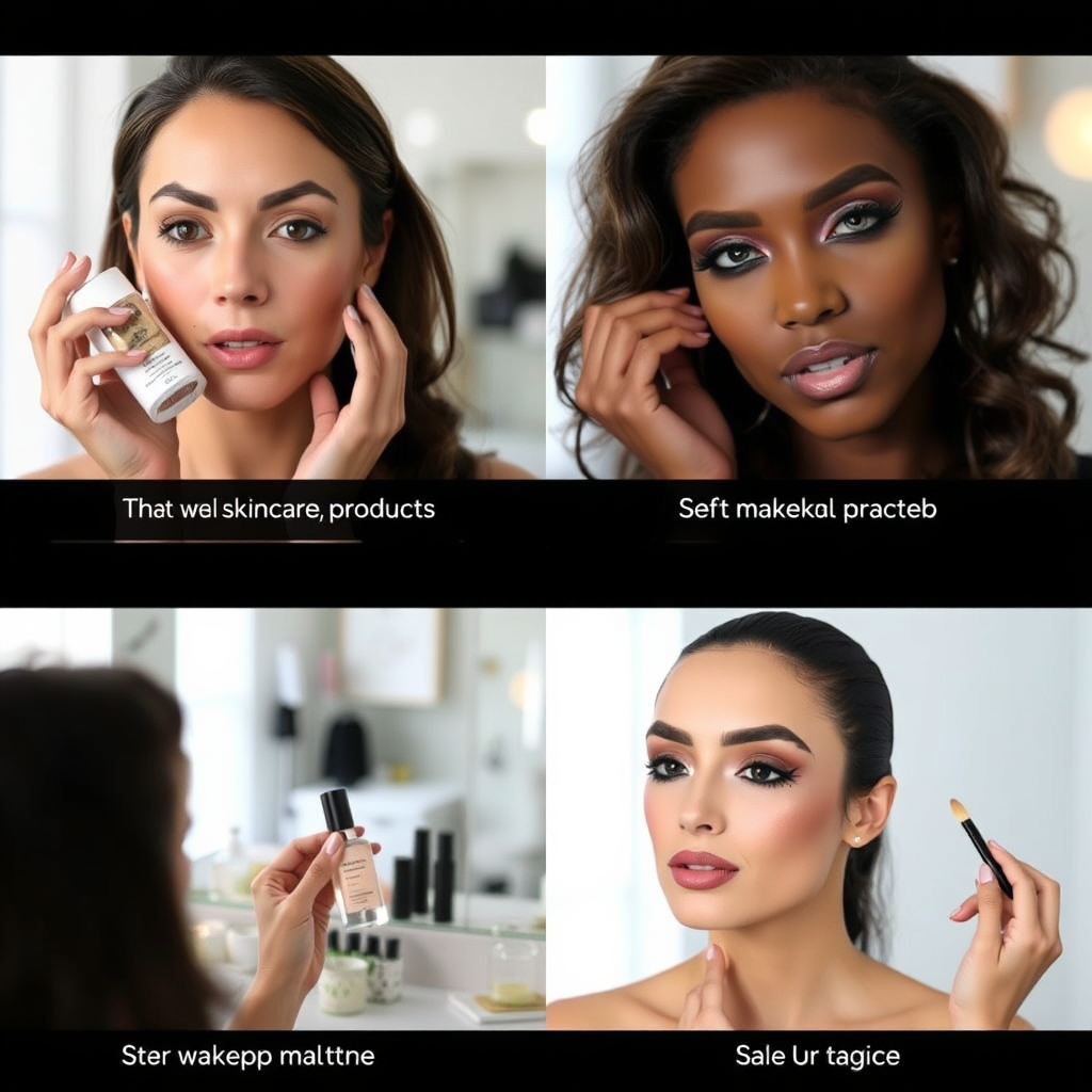 A split-screen showcasing different beauty routines. On one side, a woman meticulously applying skincare products in a specific order, with labels indicating the product names and application steps. On the other side, a makeup artist demonstrating various makeup techniques on a model's face. The lighting should be bright and flattering, highlighting the clarity and precision of each step. The overall mood should be instructional and empowering, encouraging viewers to take control of their beauty routines.