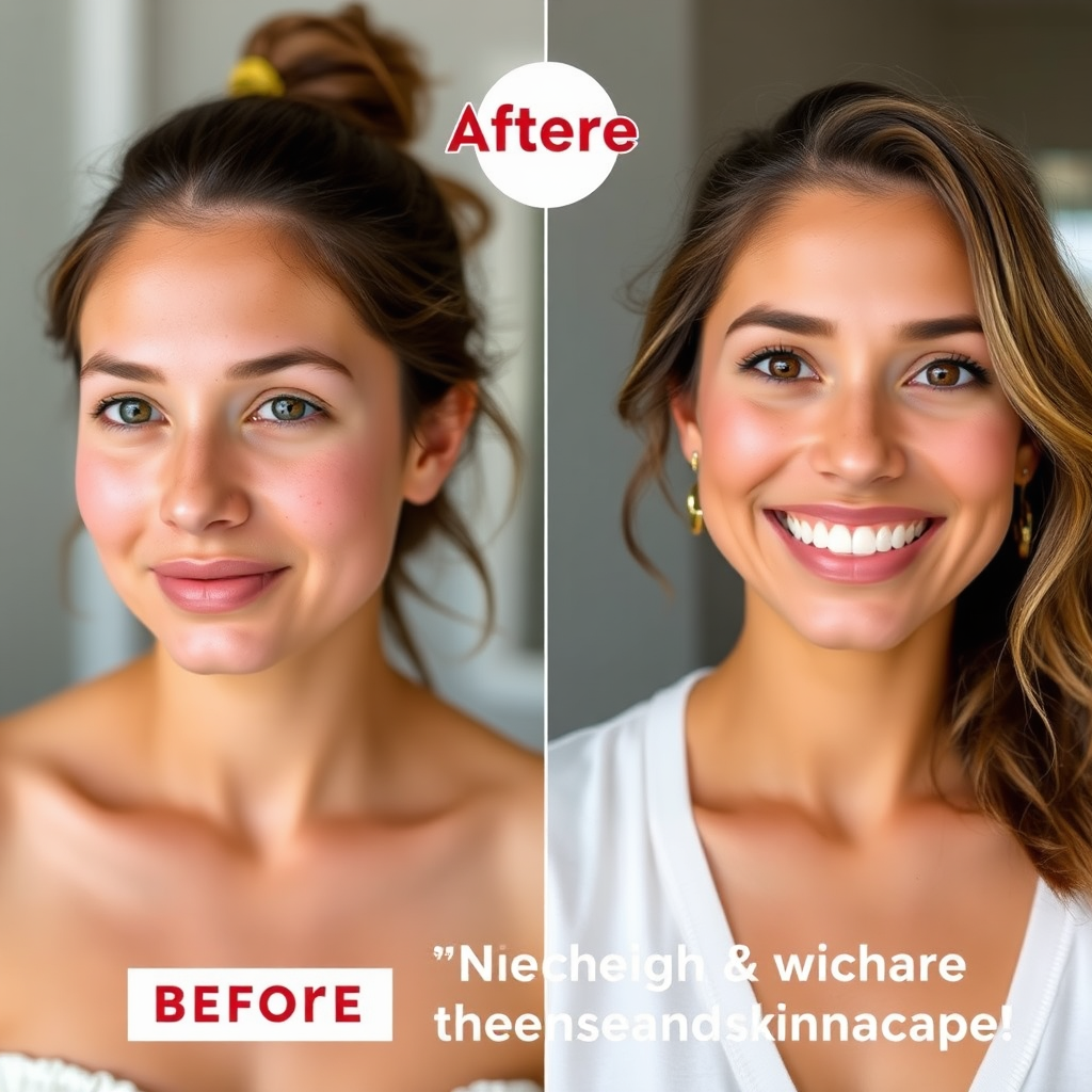 A split-screen showing a "before" and "after" transformation. The "before" image features a person with skin concerns (e.g., acne, dryness), while the "after" image shows the same person with visibly improved skin. The person is smiling and confident, radiating health and happiness. The overall message is one of hope and empowerment, demonstrating the transformative power of personalized skincare.