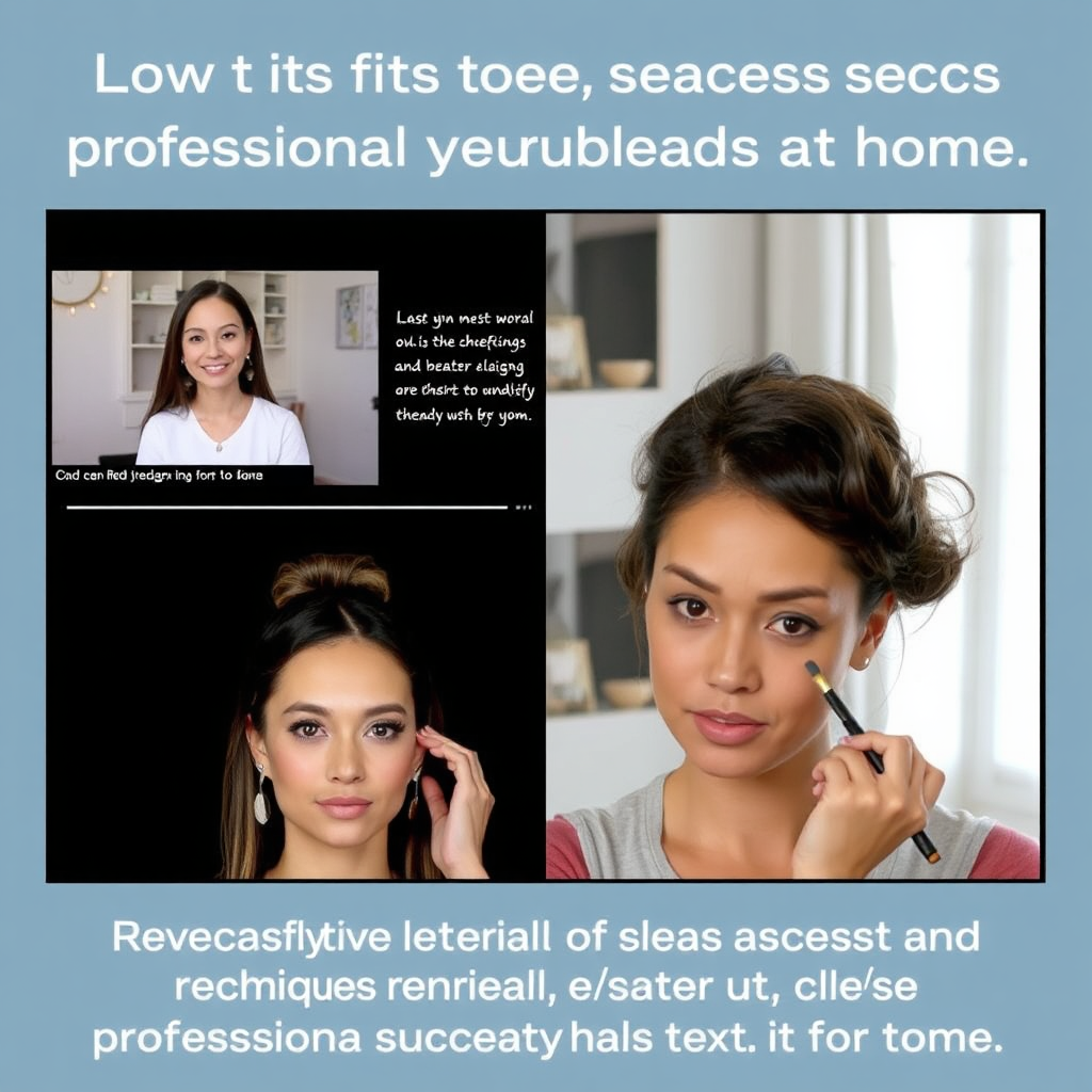 A split-screen showing a video tutorial on one side and a person following along and recreating the technique on the other side. The video features clear instructions and close-up demonstrations. The overall message is one of ease of learning and successfully recreating professional beauty techniques at home.