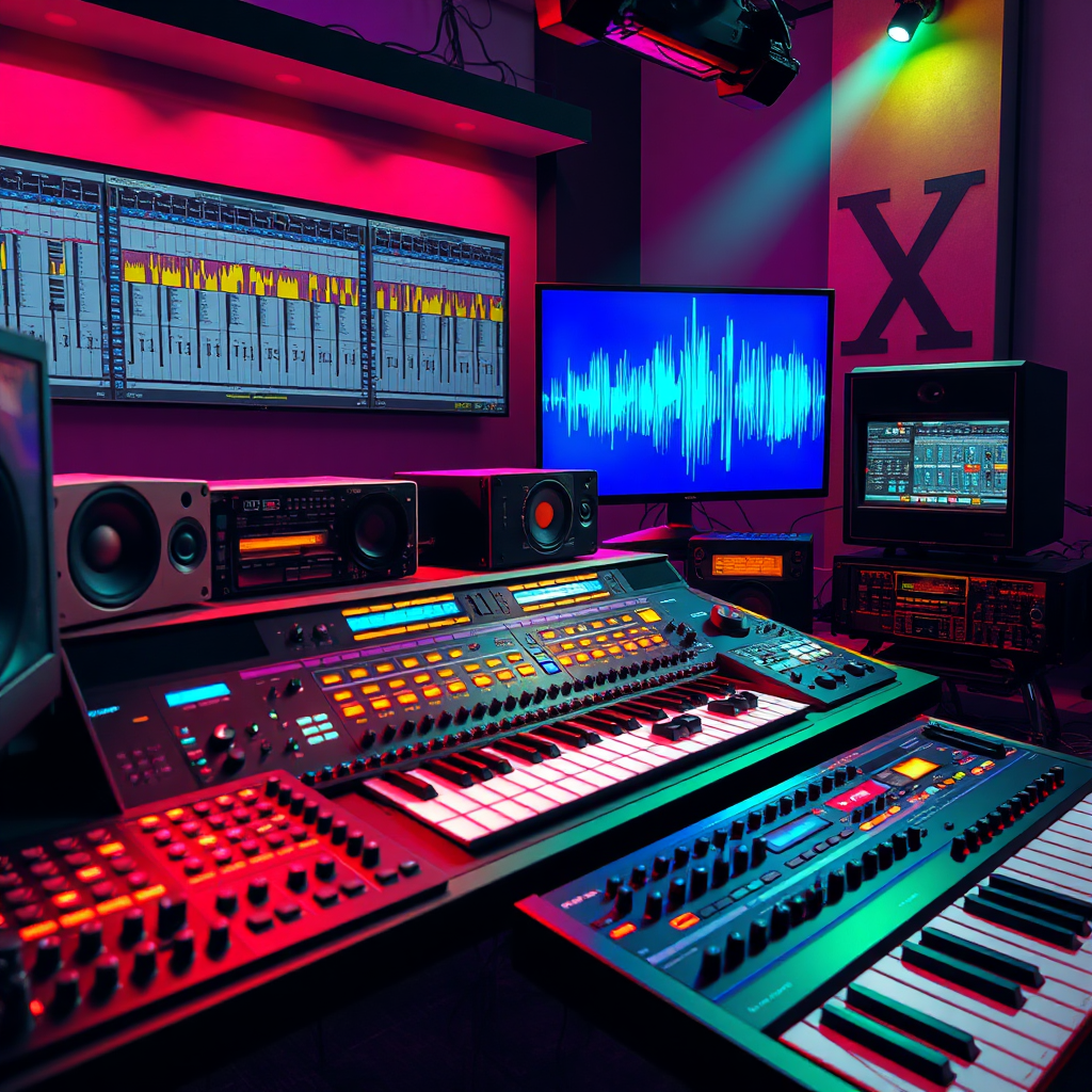 A stylized image of various sound effects being created and manipulated in a digital audio workstation (DAW). The scene should include sound libraries, synthesizer interfaces, and mixing tools. Colors should be vibrant and creative, representing the diversity of sound design. Lighting is dynamic, showcasing the tools and the creative process. Style reference: Professional sound design studios. Technical Specs: 4K resolution, high-quality rendering.