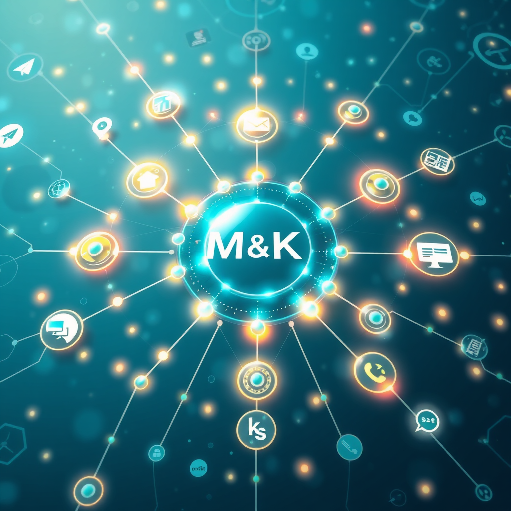 A stylized image representing the mission of M & K AI Agency. The central element is a glowing, interconnected network of nodes, symbolizing AI automation. Each node represents a different business function, such as marketing, sales, and customer service. The nodes are linked by shimmering lines of light, representing data flow and integration. Surrounding the network are stylized representations of various digital platforms, including Telegram, WhatsApp, and e-commerce websites. The color palette is predominantly blue and green, with accents of gold and white. The lighting is soft and diffused, creating a sense of harmony and balance. The camera angle is a high-angle shot, providing a comprehensive view of the entire network. Textures should be smooth and polished, reflecting light in a subtle and elegant manner. Render in 4K resolution with high-quality details.