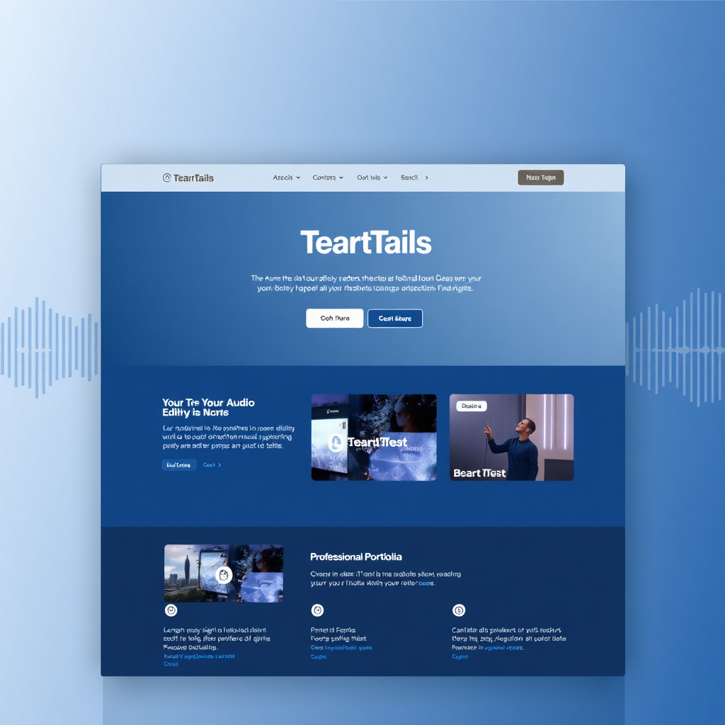 A stylized image showcasing a sleek and modern website homepage for TearTails. The design should feature a clean layout with prominent call-to-action buttons and showcase examples of audio editing work. Use a palette of blues, grays, and white. The background is a subtle, abstract pattern representing sound waves. Style reference: Modern web design, professional portfolio. Technical Specs: 4K resolution, high-quality rendering.