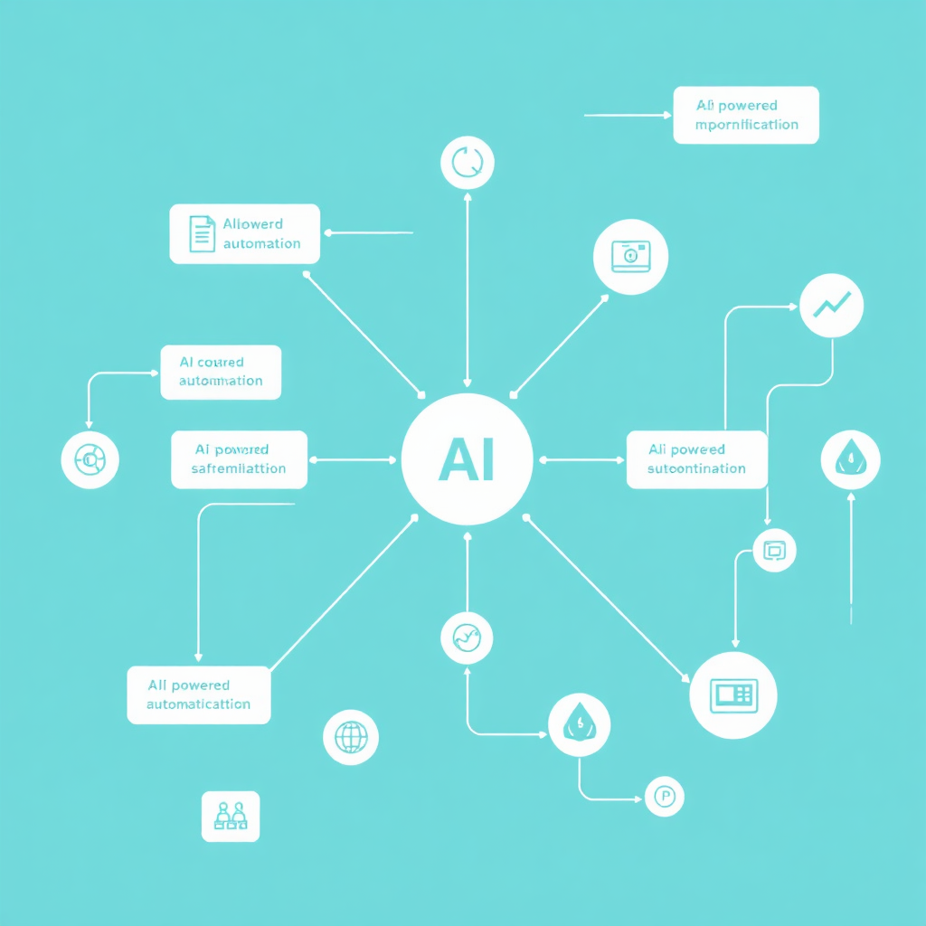 A stylized visual representation of a complex workflow being simplified and streamlined by AI. The workflow is depicted as a series of interconnected nodes and lines, with AI-powered automation symbols highlighting the areas where tasks are being automated. The color palette is a blend of cool blues and greens, creating a sense of efficiency and organization. Camera angle: overhead view, showcasing the entire workflow. Style: clean, minimalist, and infographic-inspired.
