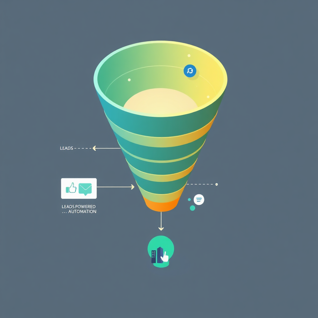 A stylized visual representation of a marketing funnel, with leads entering at the top and converting into customers at the bottom. The funnel is depicted as a flowing, dynamic structure with interconnected stages. AI-powered automation symbols are subtly integrated into the design, indicating the driving force behind the funnel's efficiency. The color palette graduates from cool blues and greens at the top to warmer yellows and oranges at the bottom, representing the conversion process. Camera angle: aerial view of the funnel, highlighting its structure and flow. Style: clean, modern, and infographic-inspired.