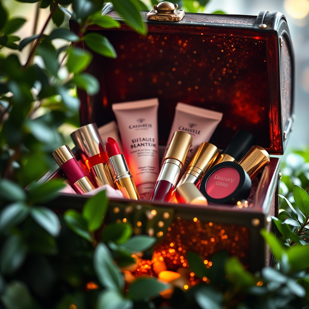 A treasure chest overflowing with shimmering and colorful beauty products (lipsticks, eyeshadow palettes, skincare serums). The chest is nestled among lush foliage and soft lighting. Focus on the richness of the products and the sense of discovery. The background should be blurred to emphasize the contents of the chest. The overall tone should be magical and inviting, suggesting that Beauty viki is the key to unlocking your beauty potential.