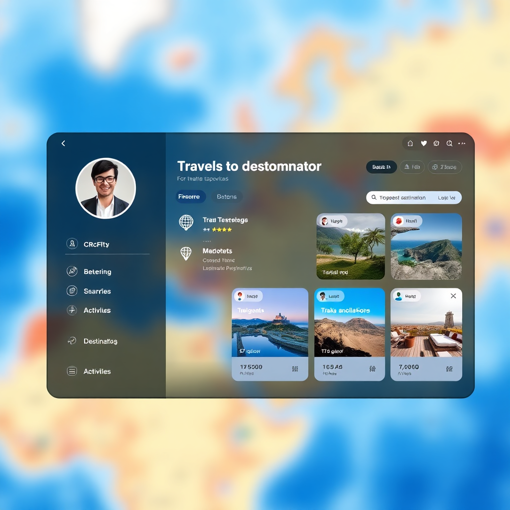 A user interface showcasing a personalized travel recommendation system. The interface features a profile picture, a list of past travel experiences, and a set of suggested destinations with relevant details (e.g., price, reviews, activities). The background is a soft, blurred image of a world map. The lighting is bright and even, with a focus on the UI elements. The color palette is modern and inviting, using shades of blue and white. Render in high resolution with clear text and smooth UI elements.