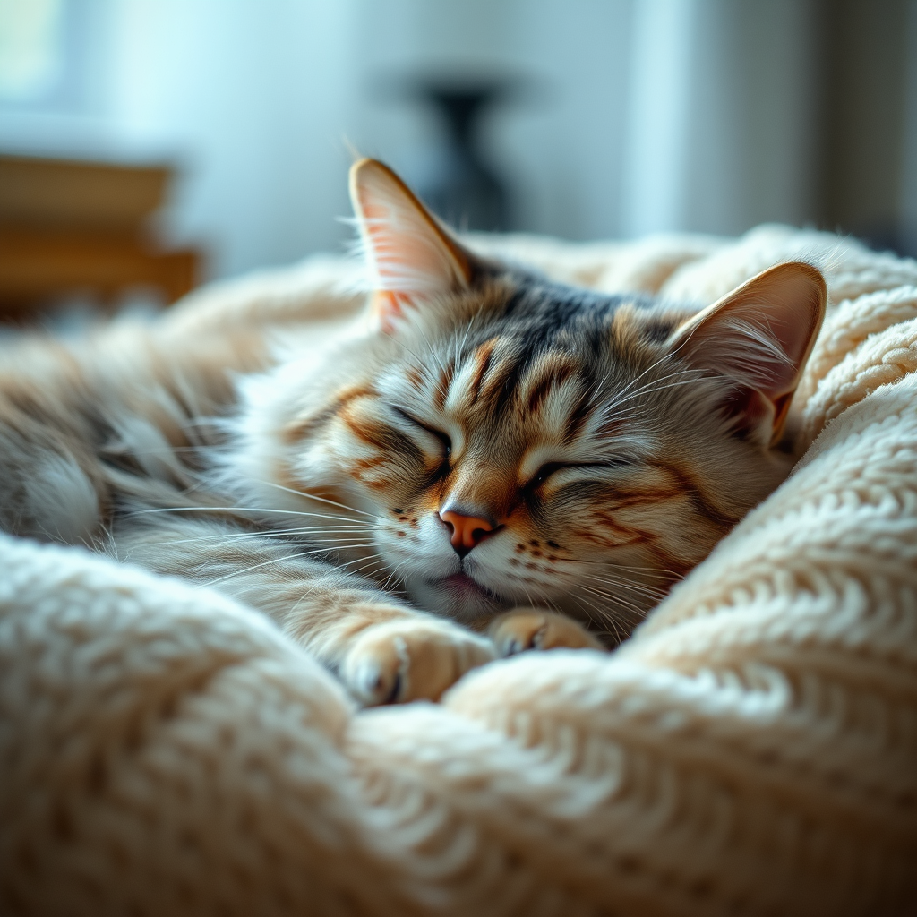 Senior cat resting comfortably in a soft bed