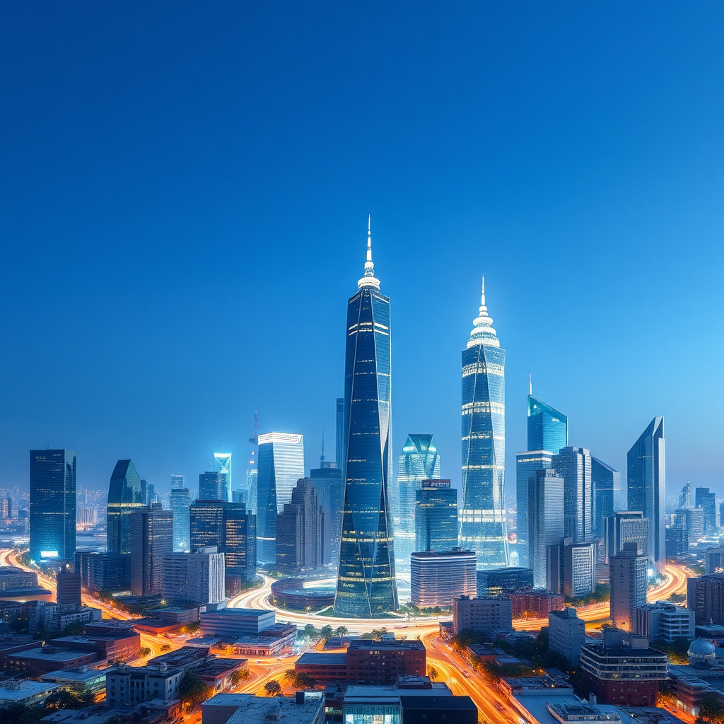 A visual representation of a growing city skyline, symbolizing scalability and expansion. The buildings are modern and futuristic, with subtle AI-themed design elements. The city is brightly lit and bustling with activity. The color palette is a blend of blues, greens, and grays, creating a sense of stability and growth. Camera angle: wide shot capturing the entire skyline. Style: modern, architectural, and aspirational.