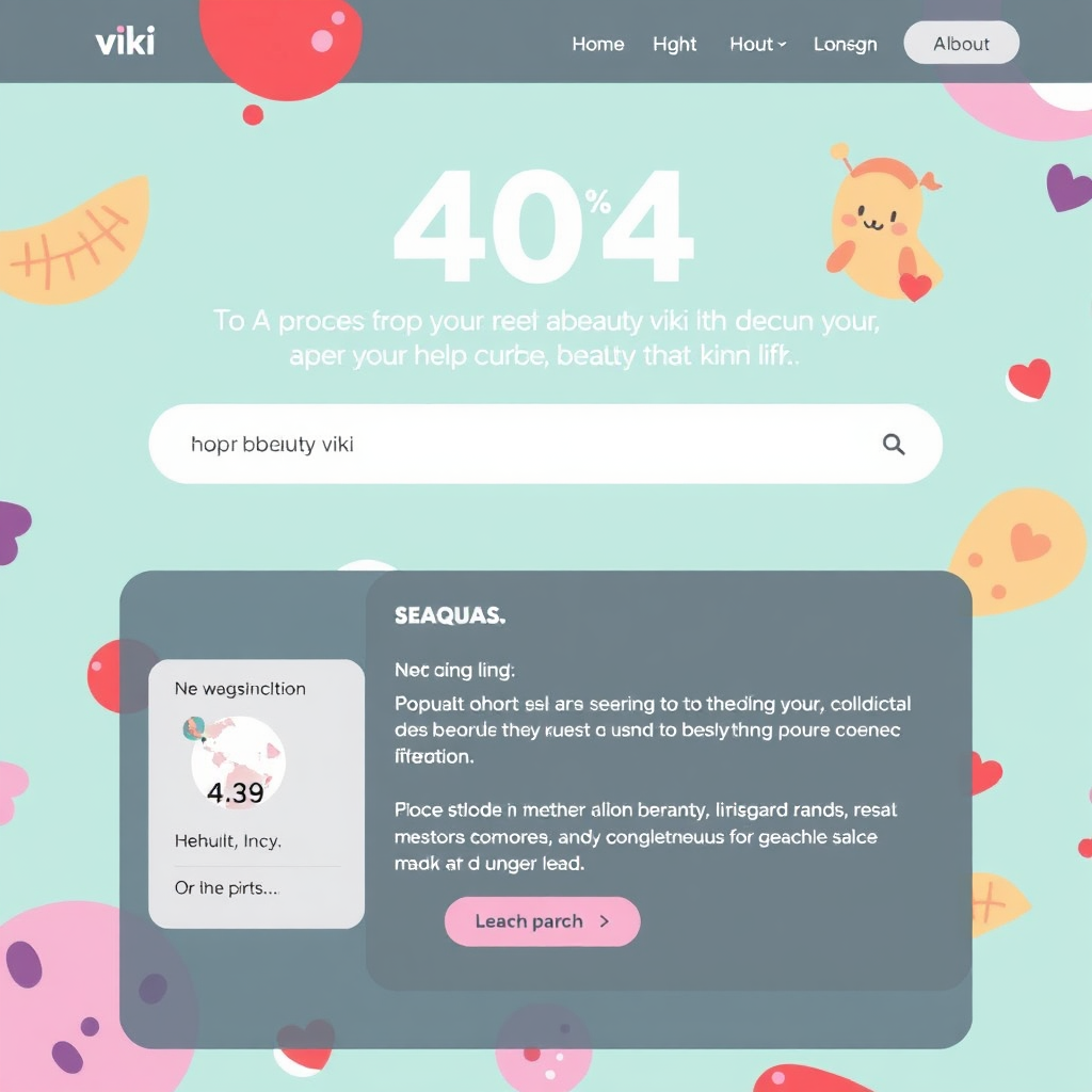 A visually appealing and user-friendly 404 error page on the Beauty viki website. The page features a helpful message, a search bar, and links to popular sections of the site. The background is a playful and engaging design, softening the frustration of encountering a broken link. The overall message is one of helpfulness and guiding users back to the right path.