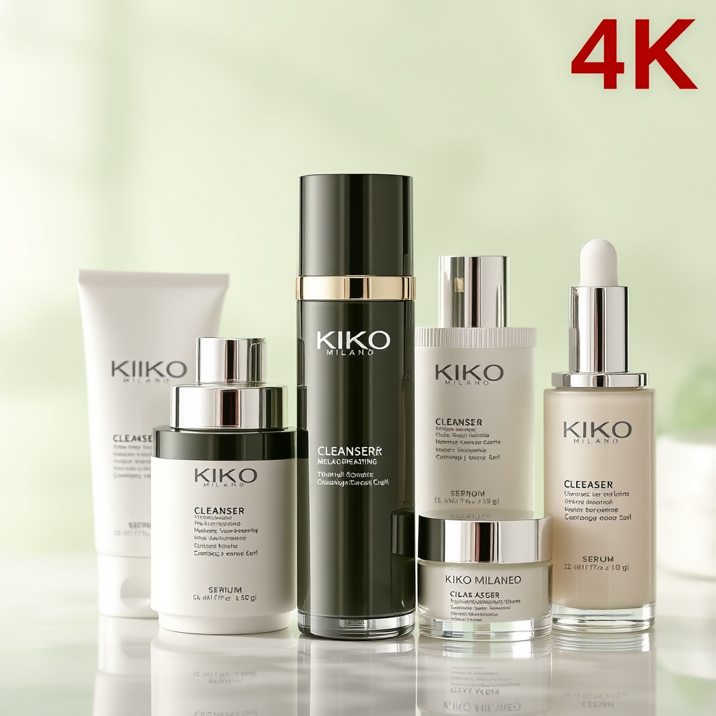 A visually appealing arrangement of KIKO MILANO skincare products, including cleansers, moisturizers, and serums. Soft, diffused lighting to create a calming and luxurious feel. The color palette emphasizes fresh and clean tones. The background is a calming spa-like setting. High-resolution image showcasing the texture of the products. 4K resolution.
