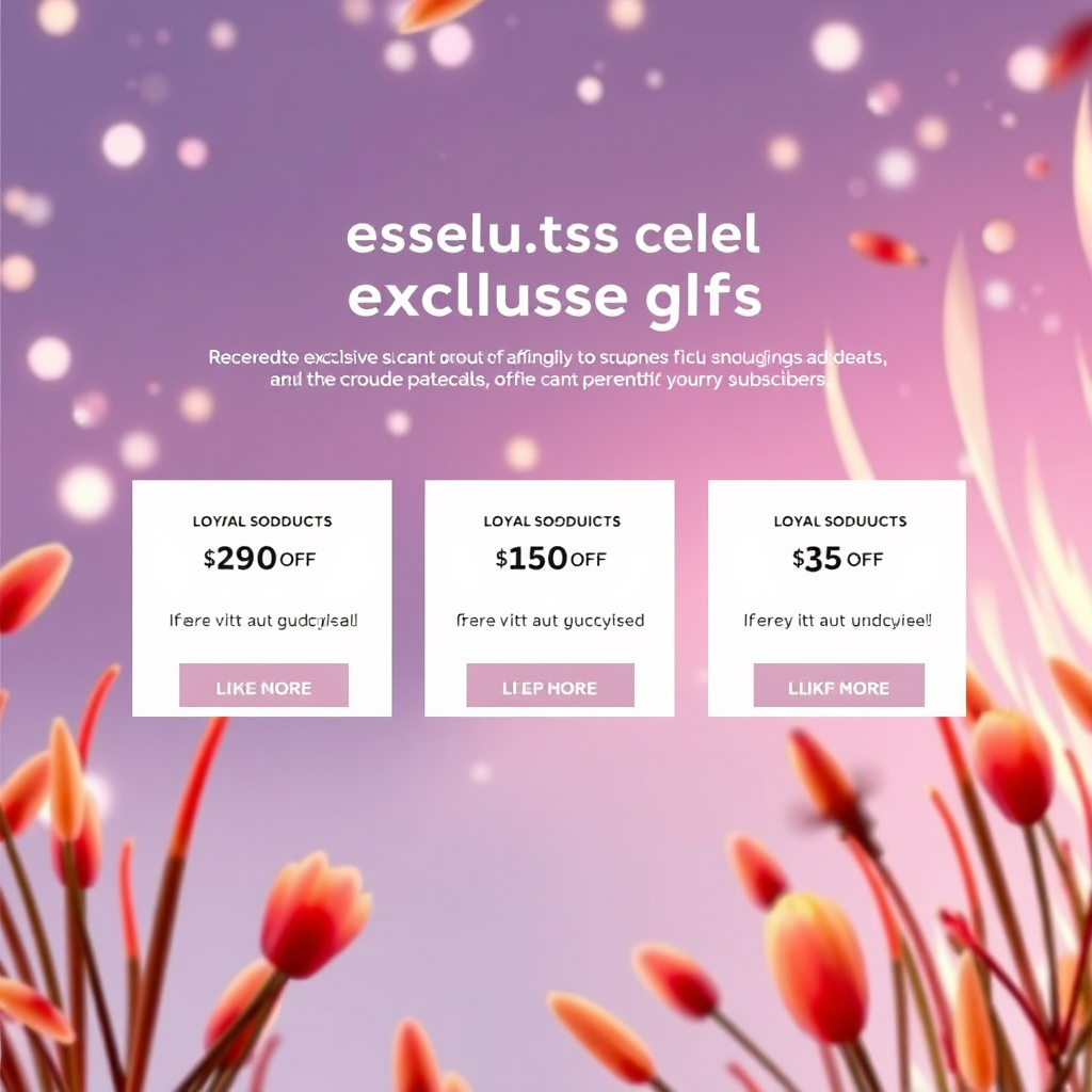 A visually appealing email showcasing exclusive discounts on various beauty products. The email features a clean and modern design with clear call-to-action buttons. The background is a vibrant and energetic scene, suggesting the excitement of receiving exclusive offers. The overall message is one of exclusivity and rewarding loyal subscribers.