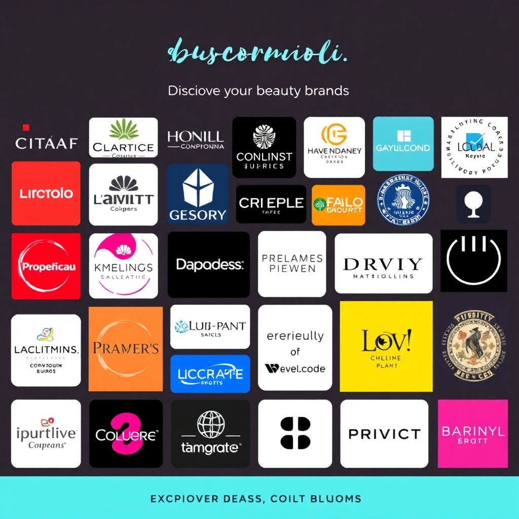 A visually appealing grid showcasing logos of various beauty brands, ranging from well-known international brands to smaller indie brands. The logos are diverse and represent different product categories and aesthetics. The overall message is one of discovery and exploring the vast world of beauty brands.