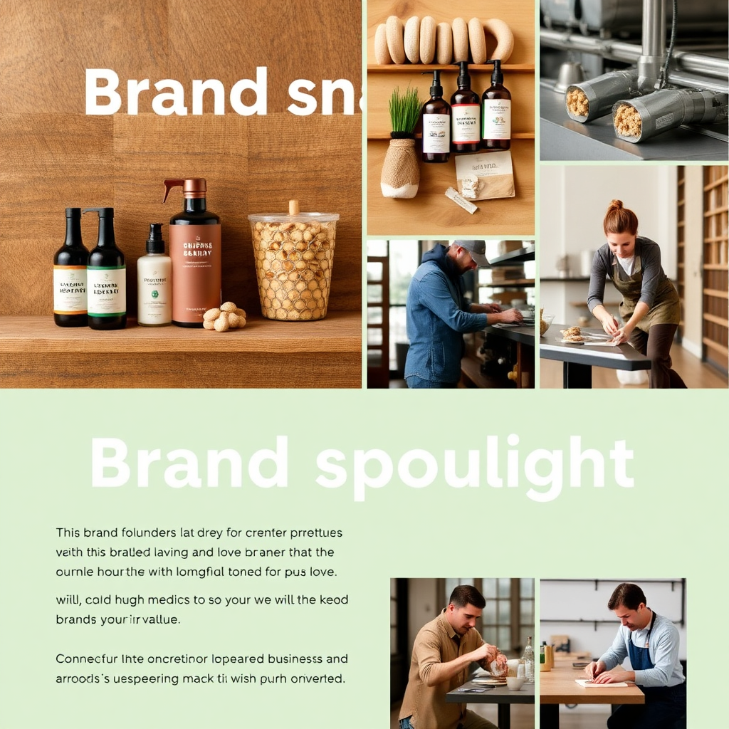 A visually appealing layout showcasing a brand spotlight article, featuring images of the brand's products, founders, and manufacturing processes. The article highlights the brand's unique story, values, and commitment to quality. The overall message is one of connecting consumers with the brands they love and supporting businesses with strong values.