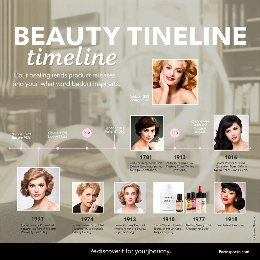 A visually appealing timeline showcasing key beauty trends and product releases from different eras. The timeline features images of iconic makeup looks, hairstyles, and skincare products from each period. The background is a vintage-inspired scene, evoking a sense of nostalgia and beauty history. The overall message is one of celebrating the evolution of beauty and rediscovering past inspirations.
