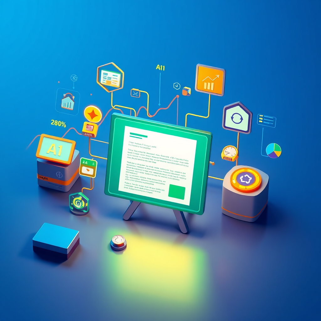 A visually compelling image representing the creation of AI-powered content. The central element is a digital canvas displaying a piece of content, such as a blog post or a social media update. Surrounding the canvas are various AI tools and algorithms, represented as stylized icons and visualizations. The background features a graph showing the performance of the content, with metrics such as engagement and reach. The color palette is predominantly blue and green, with accents of orange and yellow. The lighting is soft and diffused, creating a sense of clarity and precision. The camera angle is a high-angle shot, providing a comprehensive view of the entire scene. Textures should be smooth and polished, reflecting light in a subtle and elegant manner. Render in 4K resolution with high-quality details, emphasizing the clarity and data-driven nature of AI-powered content creation.