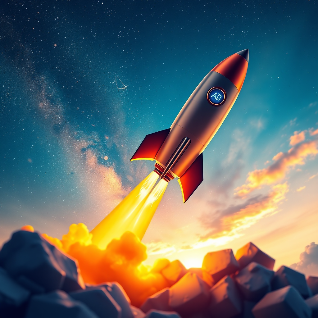 A visually striking image representing a rocket taking off, symbolizing rapid deployment. The rocket is sleek and modern, with AI-themed design elements. The background is a dynamic sky filled with stars and constellations. The color palette is a blend of vibrant blues, oranges, and yellows, creating a sense of energy and excitement. Camera angle: low angle shot, emphasizing the rocket's ascent. Style: modern, futuristic, and inspiring.