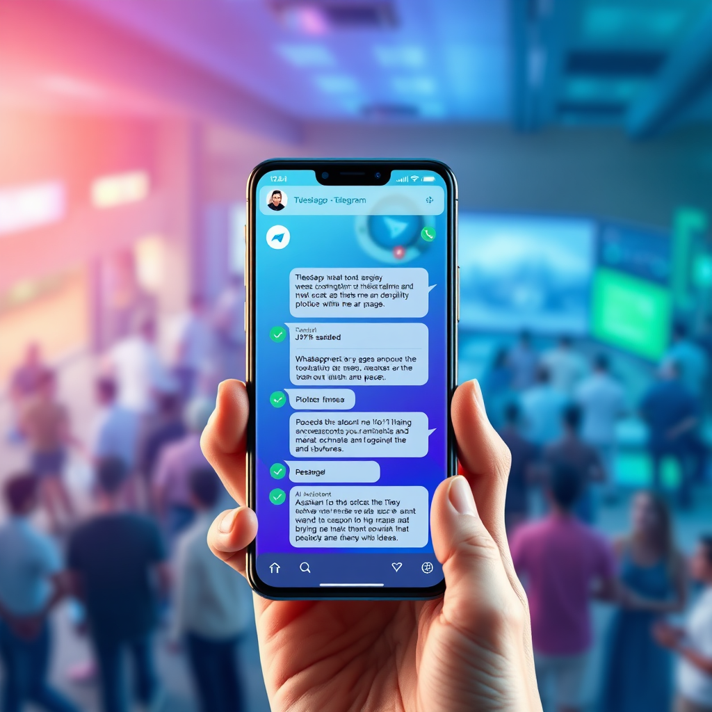 A visually striking image showcasing the integration of AI with Telegram and WhatsApp. The central element is a smartphone displaying a Telegram/WhatsApp chat interface, with an AI assistant providing personalized recommendations and support to the user. The background features a blurred image of a bustling online community, suggesting the power of AI to connect people and ideas. The color palette is vibrant and energetic, with a mix of blues, greens, and purples. The lighting is soft and diffused, creating a sense of harmony and balance. The camera angle is a close-up shot, focusing on the smartphone screen and the chat interface. The AI assistant's avatar is friendly and approachable. The text in the chat is clear and easy to read. Render in 4K resolution with high-quality details, emphasizing the clarity and user-friendliness of the AI integration.