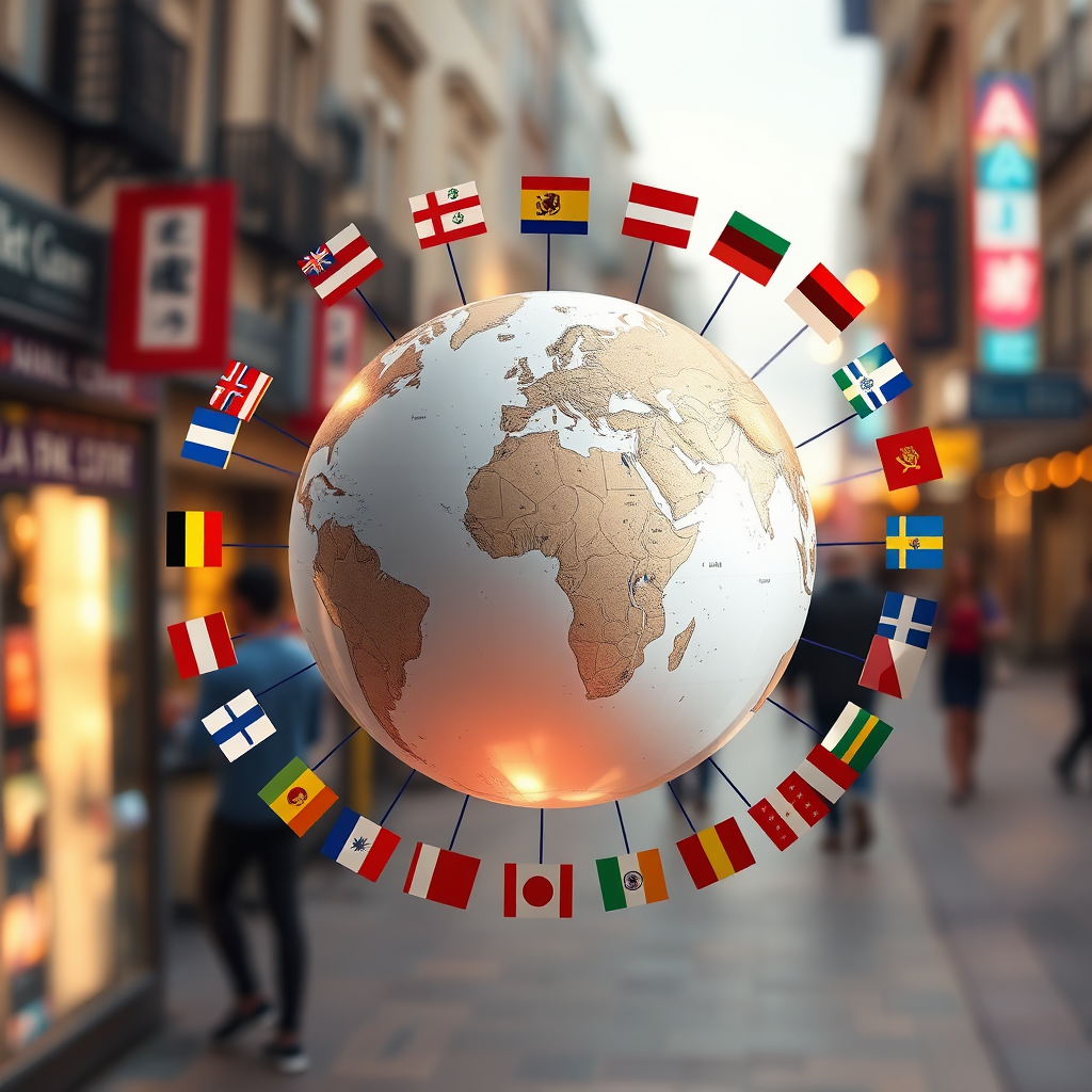 A world globe with highlighted regions representing different language areas. Around the globe, small flag icons are arranged, symbolizing various languages supported on the platform. The background is a soft, blurred image of a bustling city street. The lighting is warm and inviting, with subtle glows emanating from the globe. Render in high resolution with detailed textures on the globe and flags.