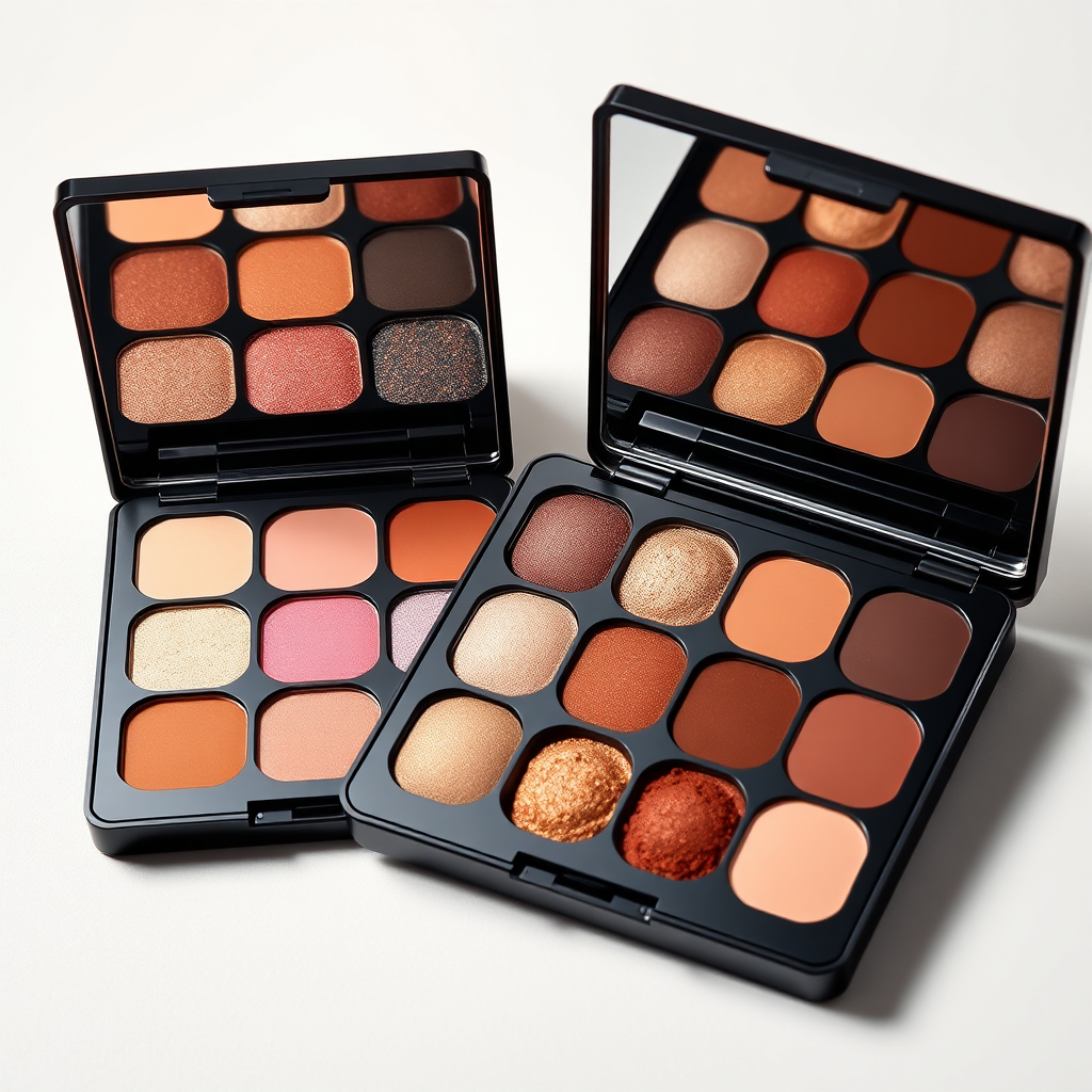 An image featuring KIKO MILANO eyeshadow palettes open, displaying the variety of colors and textures. Soft, diffused lighting to showcase the shades accurately. The color palette focuses on the range of eyeshadow colors. The background is a soft, neutral gradient. High-resolution image showcasing the shimmer and matte finishes. 4K resolution.