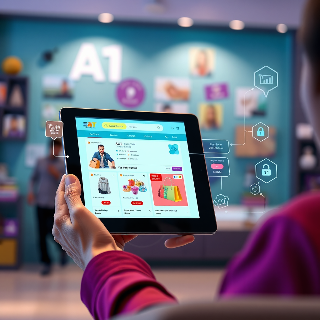 An image showcasing the integration of AI into an e-commerce platform. A shopper is browsing an online store on a tablet. AI-powered recommendations and personalized offers are displayed on the screen. The background shows various elements related to e-commerce, such as product images, shopping carts, and payment gateways. The color palette is modern and inviting, with a mix of blues, greens, and purples. The lighting is soft and diffused, creating a comfortable and user-friendly atmosphere. The camera angle is a medium shot, capturing the shopper's interaction with the tablet and the AI-powered features. Render in 4K resolution with high-quality details, emphasizing the convenience and personalization of AI-driven e-commerce.
