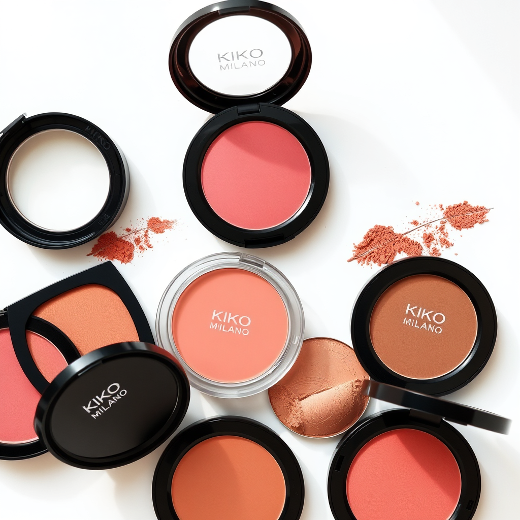 An overhead shot of KIKO MILANO blushes and bronzers arranged in an aesthetically pleasing manner, highlighting the range of shades. Natural lighting is used to accurately represent the colors. The color palette focuses on the blush and bronzer tones. The background is a clean, white surface. High-quality photography to showcase the powder textures. 4K resolution.