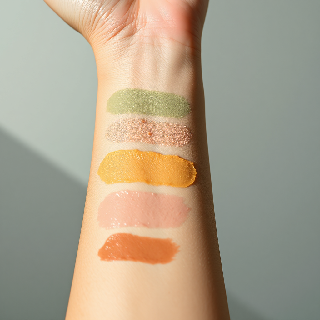 Close-up of arm with different KIKO Milano products swatched showing textures and colors. Soft lighting. 4K resolution