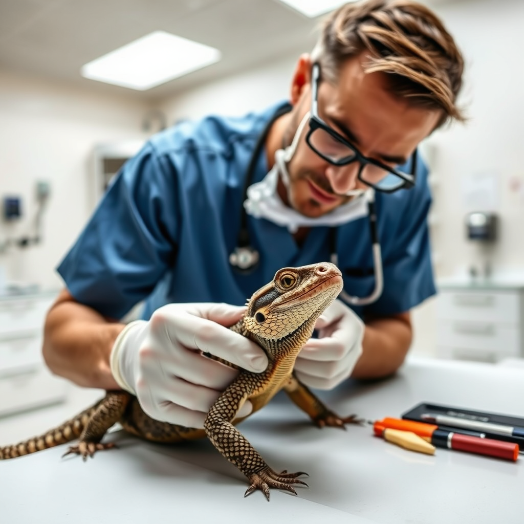 Exotic veterinarian examining a reptile in a clean clinic