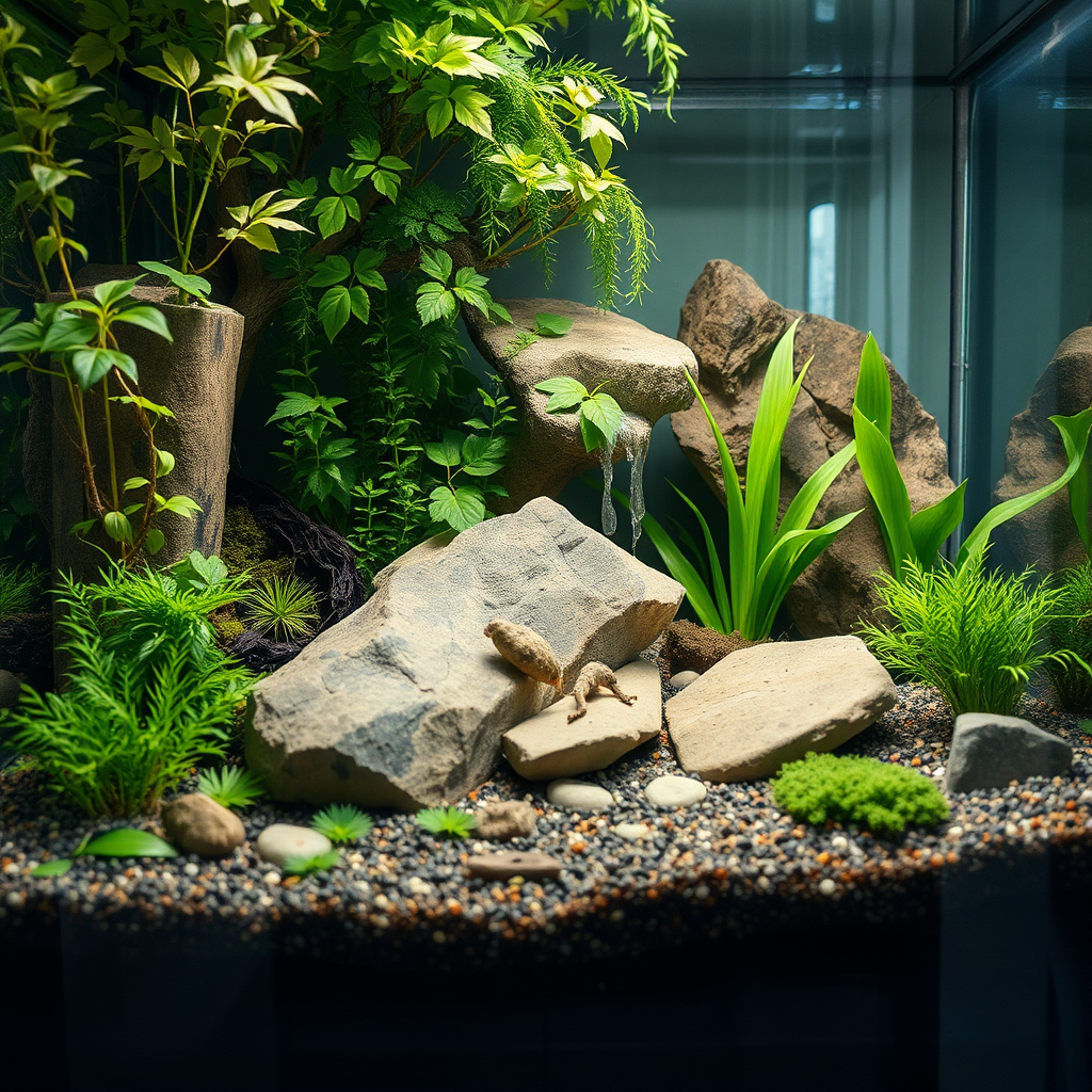 High-quality image of a well-designed terrarium with plants, rocks, basking area, and soft light