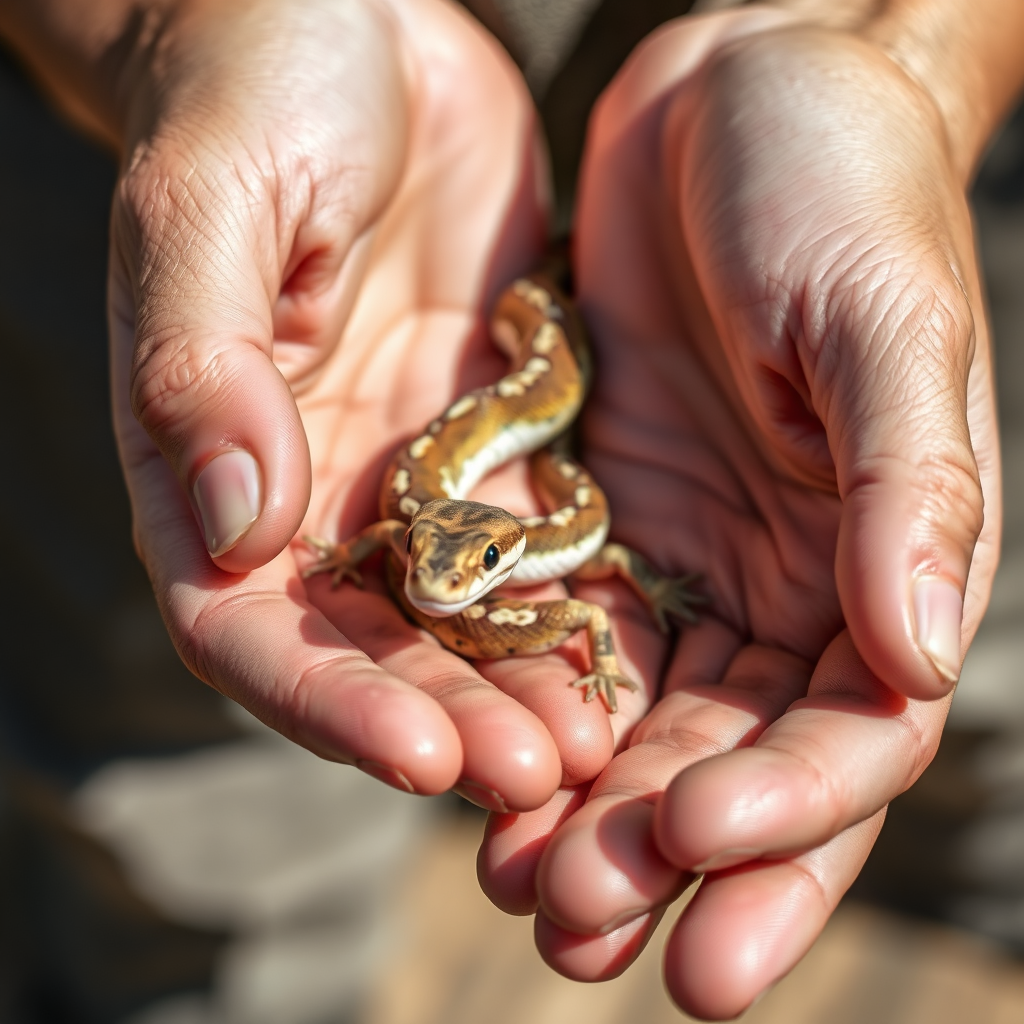 Human hands gently holding a small reptile with care