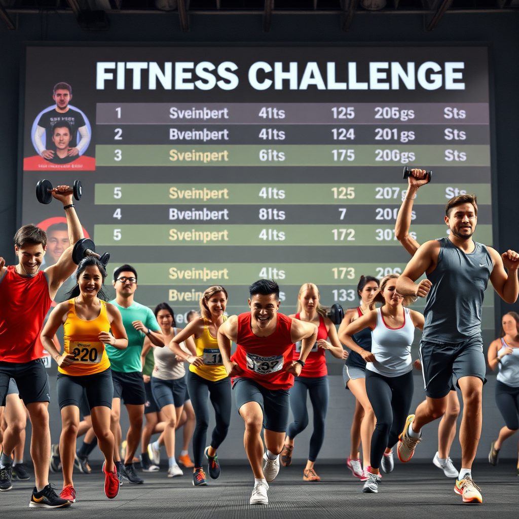 Photorealistic action shot of diverse individuals participating in a fitness challenge. Some are lifting weights, others are running, and others are doing bodyweight exercises. The background features a leaderboard displaying the top performers. Convey a sense of excitement, competition, and community.
