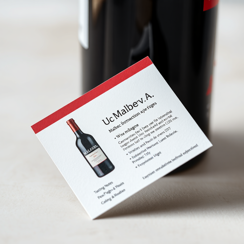 Photorealistic close-up of a 'Variety + Region' card featuring a Malbec from Mendoza. The card includes a high-quality image of a bottle of the wine, along with key information such as the wine's name, vintage, region, and tasting notes. The card is designed with a clean and elegant aesthetic, emphasizing readability and visual appeal. Soft, natural lighting and shallow depth of field to focus on the card's details.
