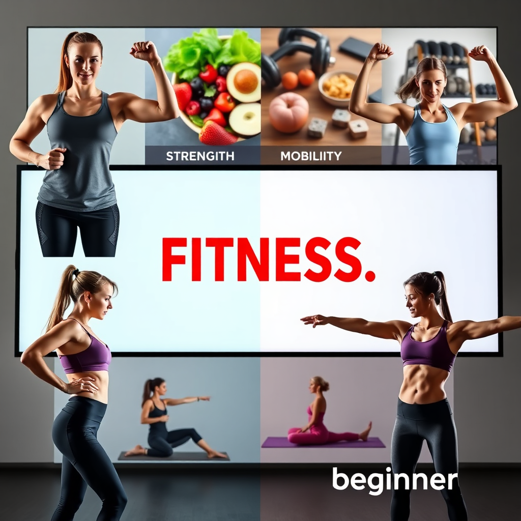 Photorealistic image featuring four different people representing different fitness goals: fat loss, strength building, mobility, and a beginner. Each person is shown in action, performing exercises relevant to their goal. The background is a split screen with images of healthy food, weights, yoga poses, and a person starting a workout program. The overall tone is motivational and encouraging.