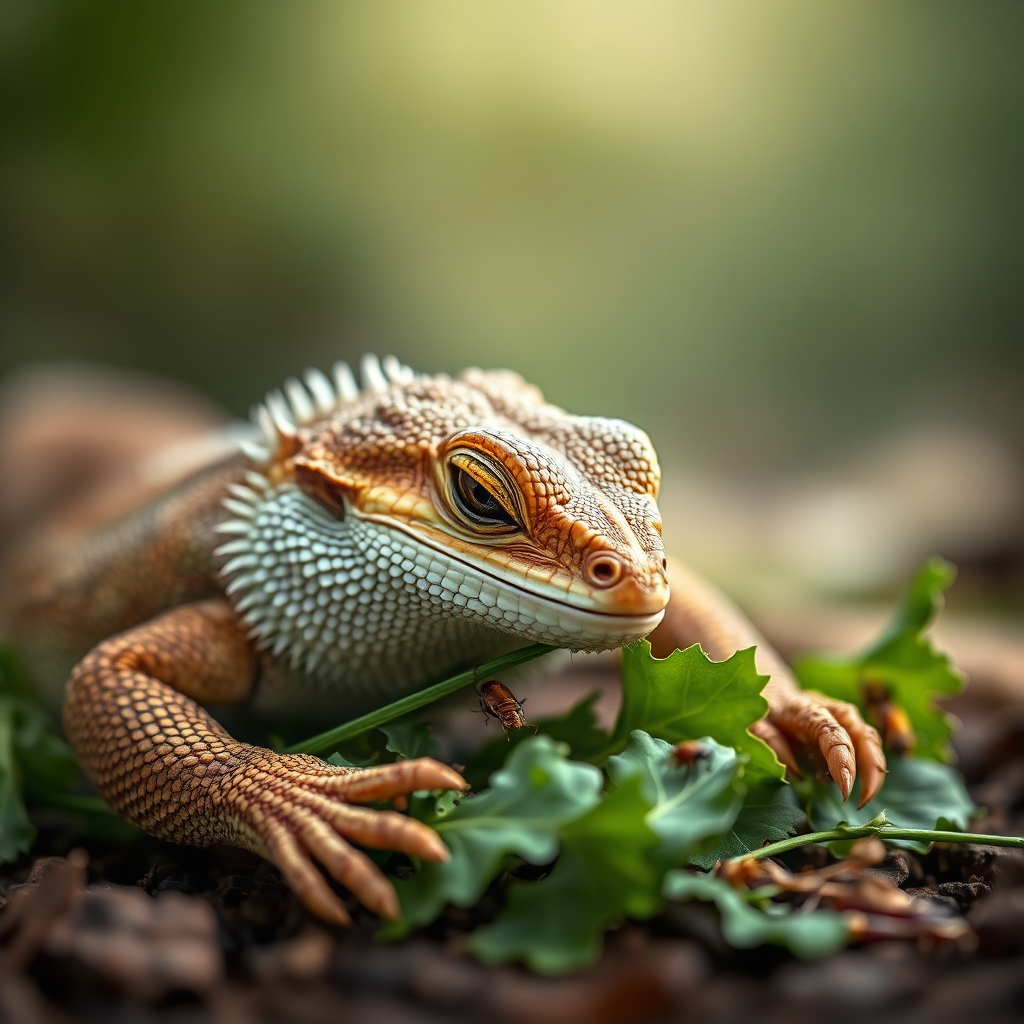 Photorealistic image of a bearded dragon eating leafy greens and insects