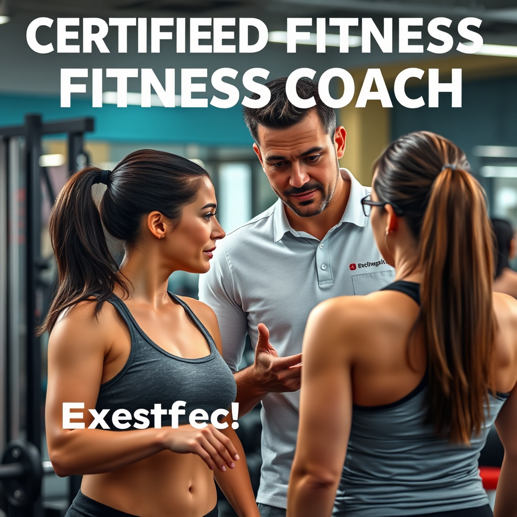 Photorealistic image of a certified fitness coach providing expert guidance to a client in a gym setting. The coach is knowledgeable and supportive. The background features various fitness equipment and a motivating atmosphere. Highlight the value of expert guidance and support.