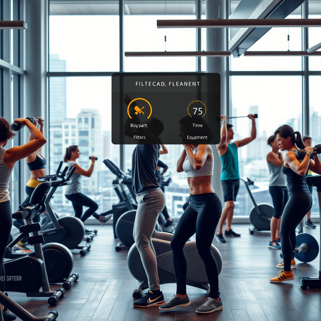 Photorealistic image of a diverse group of people exercising in a modern gym setting. Some are lifting weights, others are using cardio machines, and a few are doing bodyweight exercises. The gym is brightly lit and has large windows with a cityscape view. Show a digital interface displaying filters for body part, time, and equipment. Energetic, motivational vibe. Focus on inclusivity and accessibility.