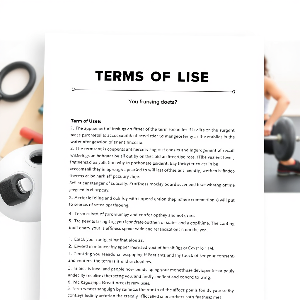 Photorealistic image of a document outlining the terms of use for a website. The document is clear and concise. The background features a clean and modern design with fitness-related elements. Highlight the importance of transparency and accountability.